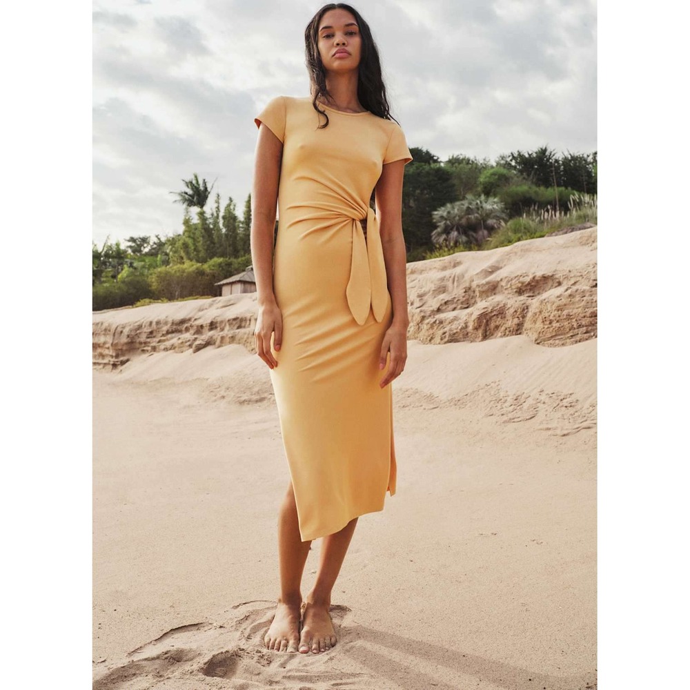 Wilfred Aritzia Fortune Side Tie Midi Dress Apricot Yellow Short Sleeve Slit Med
